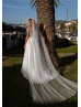 Short Sleeves Beaded Ivory Lace Glitter Tulle Slit Wedding Dress